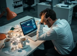 Entrepreneur stressé constatant une baisse de trafic sur son ordinateur, illustrant les dangers de la communication digitale faite maison sans l'aide d'une agence web.