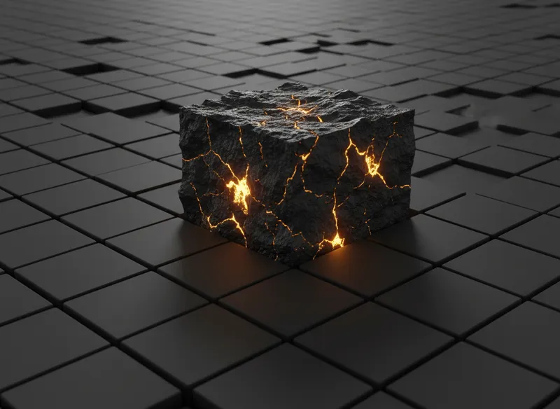 Une photographie conceptuelle prise au ras du sol montrant un océan de cubes gris lisses et identiques, au milieu duquel se dresse un unique bloc texturé comme de la roche volcanique brute et fissurée, émettant une intense lumière dorée.