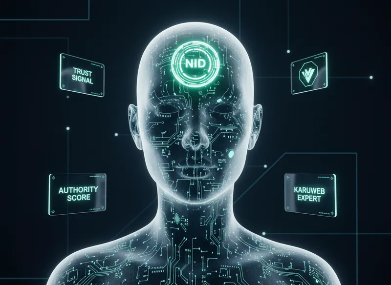 Un buste humain stylisé fait de verre et de circuits imprimés, dont le front porte un sceau holographique brillant 'NID', entouré de badges de certification flottants 'TRUST SIGNAL' et 'KARUWEB EXPERT' dans un éclairage sophistiqué menthe et argent.