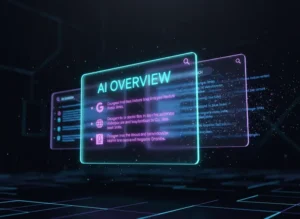 Une illustration 3D montrant un bloc de résumé AI Overviews de Google flottant au-dessus d'une liste floue de résultats de recherche classiques, dans un style cyberpunk épuré avec un éclairage néon cyan et violet.