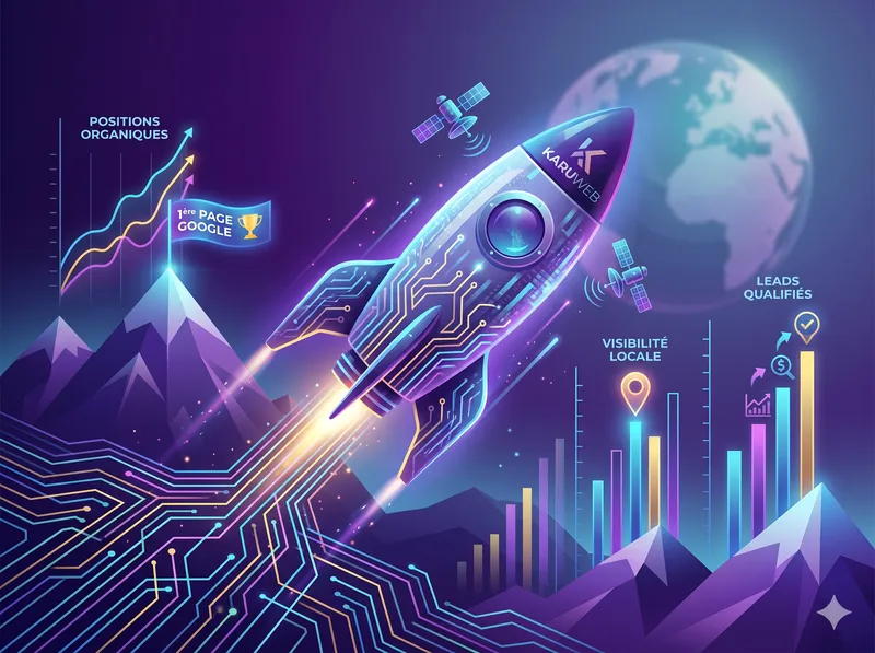 Fusée futuriste marquée Karuweb décollant d'un circuit de données vers la première page de Google, avec graphiques de croissance.