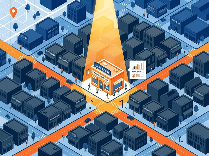 Carte urbaine vue du dessus mettant en lumière un commerce spécifique par un projecteur doré, attirant des clients.