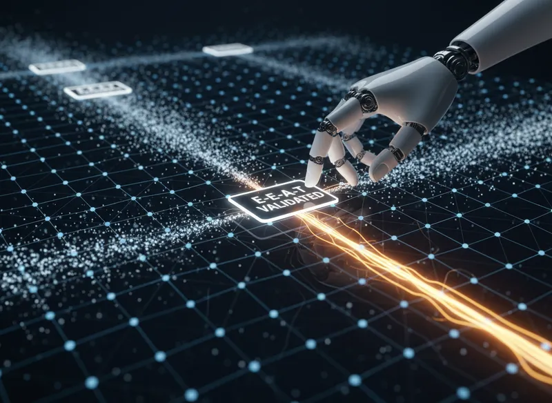 Une représentation abstraite d'un réseau complexe de nœuds de données bleus (Knowledge Graph), où une main robotique insère un connecteur lumineux dans un nœud spécifique étiqueté 'E-E-A-T VALIDATED', avec des flux or vif symbolisant le Retrieval-Augmented Generation.