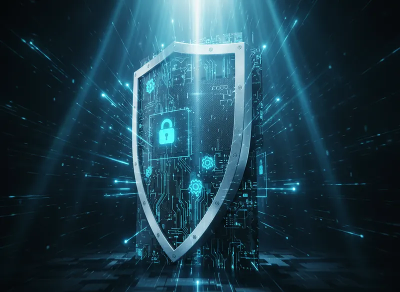 Forteresse numérique lumineuse en forme de bouclier avec des flux de données rapides, symbolisant la sécurité, la rapidité et l'optimisation technique d'un site internet professionnel.