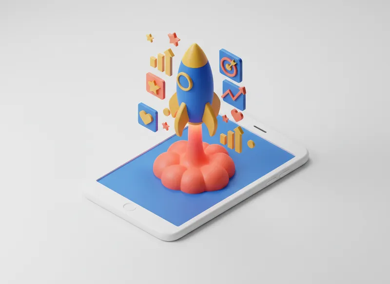 Fusée stylisée décollant depuis un smartphone, accompagnée de flèches de croissance et d'icônes de conversion pour illustrer le développement commercial en ligne grâce à la création site internet.