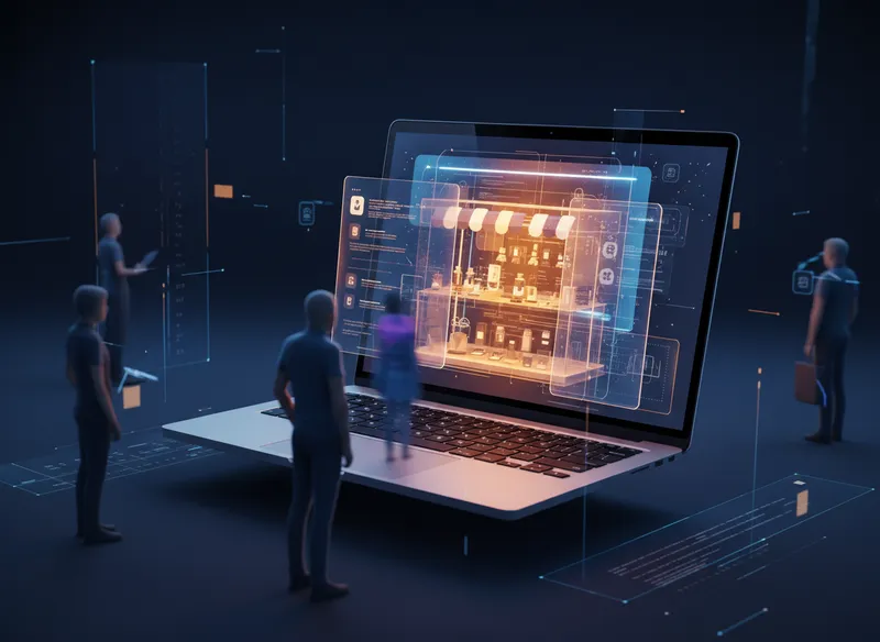 Ordinateur portable ouvert se transformant en une vitrine de magasin virtuelle lumineuse attirant des clients, symbolisant un site web professionnel disponible 24h/24.