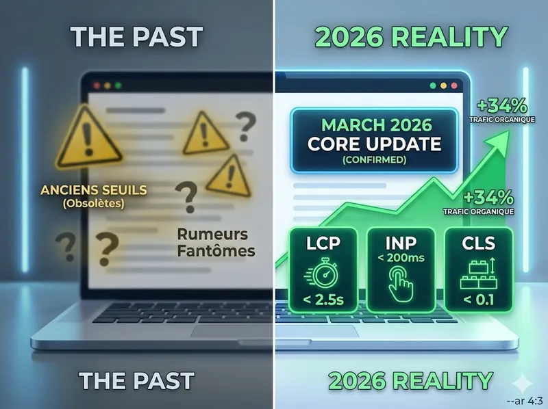 Une infographie Core Web Vitals divisée en deux verticalement. À gauche, sous "THE PAST" (LE PASSÉ), un ordinateur flou avec des fantômes et des signes d'alerte jaunes. À droite, sous "2026 REALITY" (RÉALITÉ 2026), un grand écran affichant des métriques vertes et lumineuses pour LCP, INP et CLS, ainsi qu'un graphique de trafic en hausse de 34%.