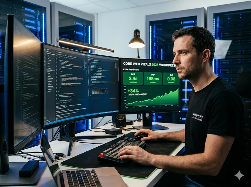 Un expert en performance WordPress, Sylvain (30-40 ans), portant un t-shirt "KARUWEB PERFORMANCE", est assis à un poste de travail multi-écrans dans un centre de données sophistiqué. Il manipule du code complexe. L'écran central montre clairement un graphique vert et un tableau de bord "Passant" pour le Core Web Vitals : LCP (2.4s), INP (165ms), CLS (0.08) et une hausse de trafic organique de 34%.