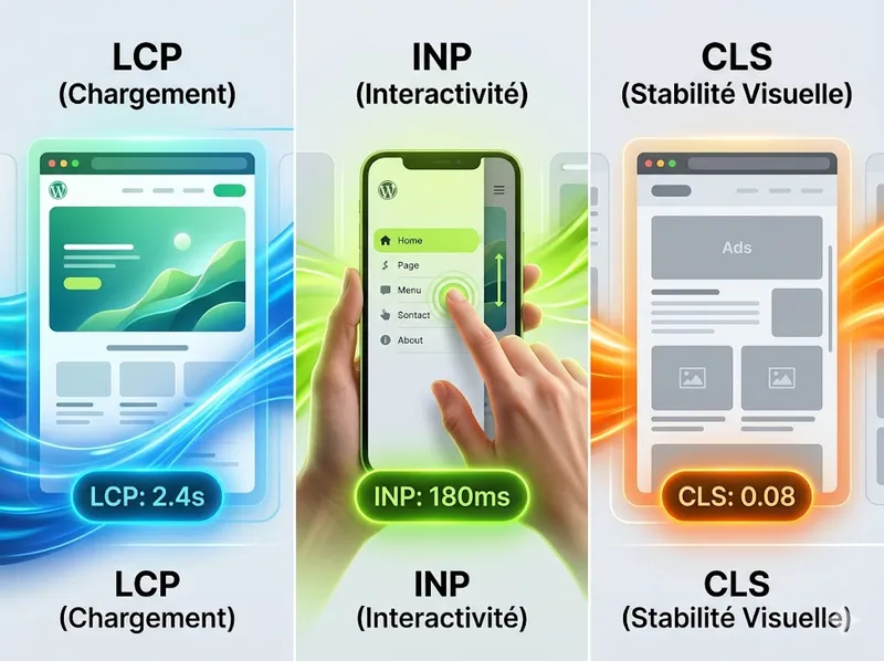 Un triptyque d'interface graphique divisé en trois panneaux verticaux. De gauche à droite : une page web qui charge rapidement (LCP: 2,4s) sous lumière bleue ; une main interagissant avec un menu de téléphone fluide (INP: 180ms) sous lumière verte ; et des blocs d'annonces et d'images restant stables lors du défilement (CLS: 0,08) sous lumière orange.