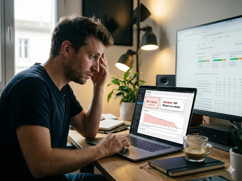 Un consultant SEO fatigué et stressé, frottant sa tempe devant son bureau désordonné. Son MacBook Pro est ouvert sur le tableau de bord WordPress affichant le plugin WP Rocket et plusieurs fenêtres ouvertes.