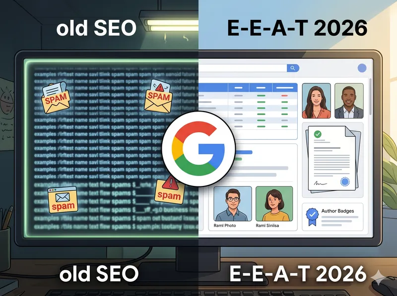 Illustration d'un écran d'ordinateur divisé en deux comparant le spam du vieux SEO à gauche et l'interface propre validée par Google E-E-A-T en 2026 à droite.