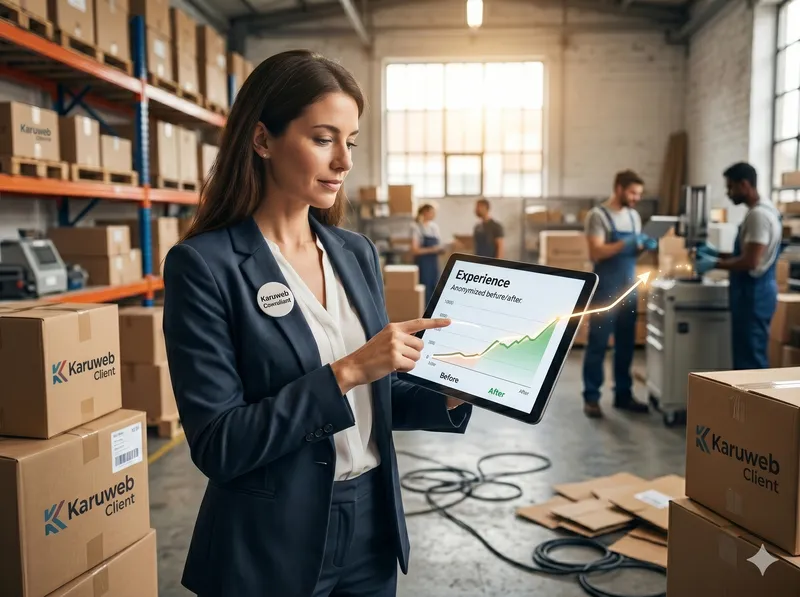 Une consultante de l'agence Karuweb montre un graphique de croissance SEO sur une tablette dans l'entrepôt d'une PME en activité.