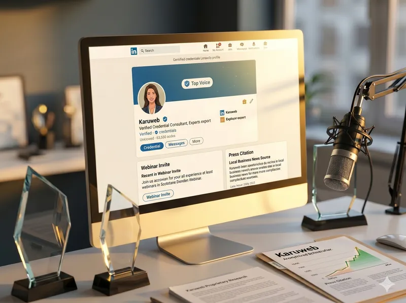 Bureau d'un expert SEO affichant un profil LinkedIn certifié à l'écran, un micro de podcast, des trophées en verre et des rapports d'études propriétaires.