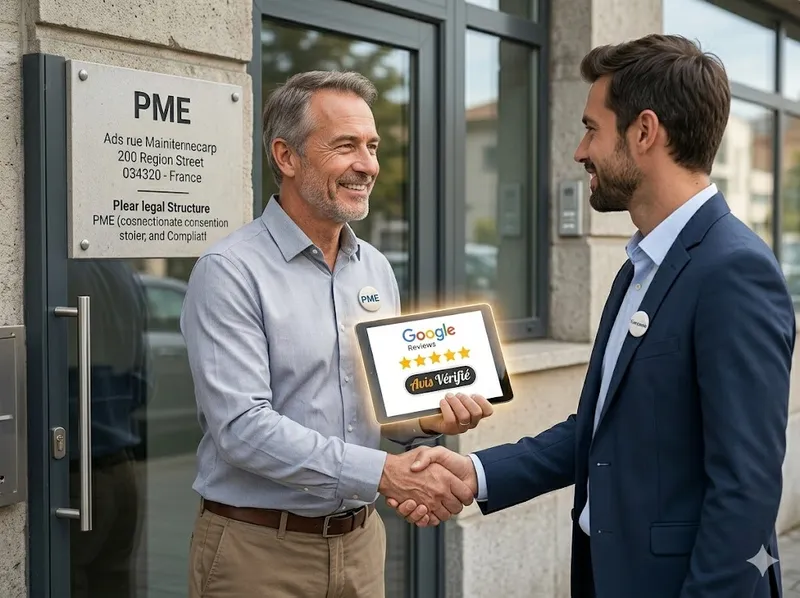 Un dirigeant de PME et un expert Karuweb se serrent la main devant l'entrée d'un bâtiment officiel affichant des avis Google certifiés sur tablette.