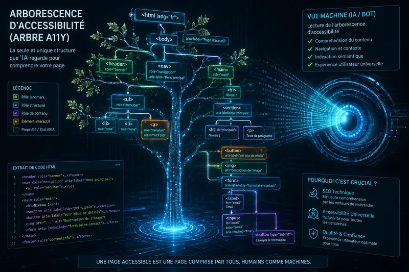 Un arbre holographique en 3D formé par des balises de code HTML et des labels ARIA, scanné par un œil numérique.
