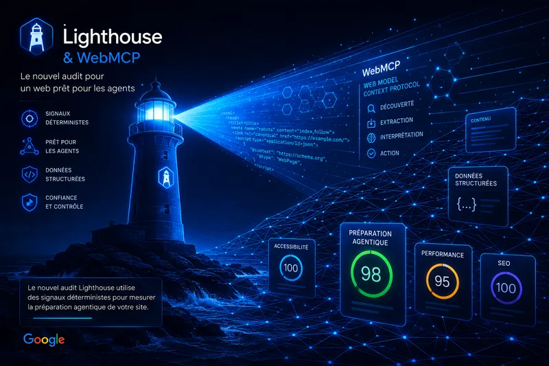Un phare moderne en néon bleu projette un faisceau de données géométriques et de lignes de code sur une grille web.
