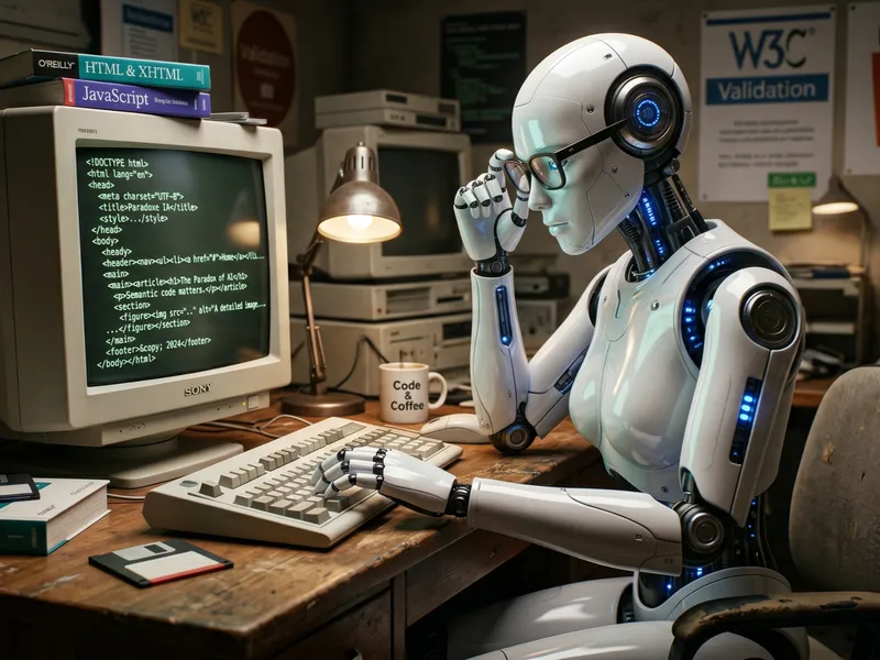 Un robot humanoïde blanc portant des lunettes analyse du code HTML sémantique sur un vieil écran d'ordinateur cathodique.