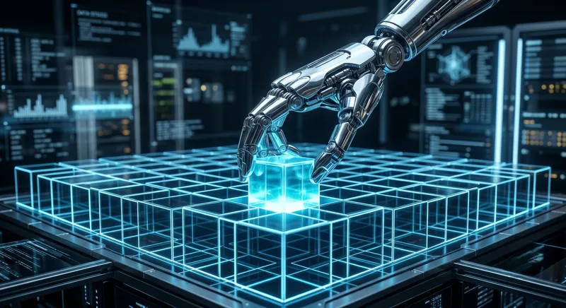 Une main robotique en chrome pose avec précision un bloc de verre lumineux dans une grille 3D parfaitement alignée.