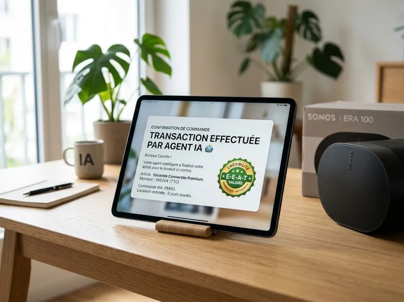 Tablette sur un bureau scandinave affichant la confirmation d’un achat automatique via commerce agentique géré par un agent IA avec badge E-E-A-T.