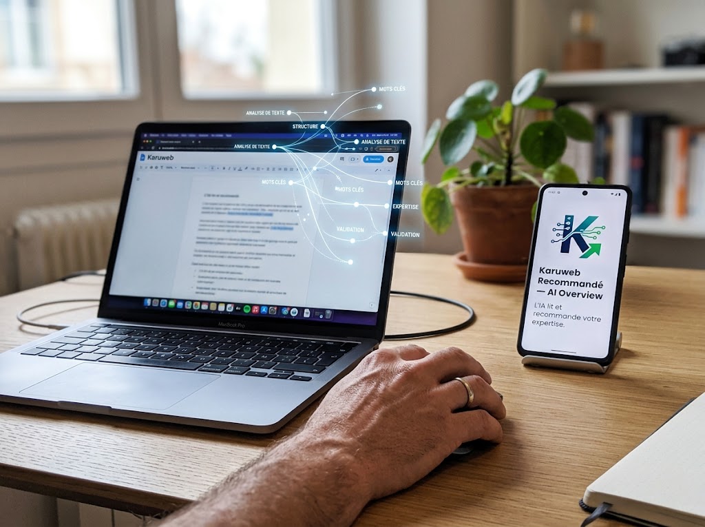 Ordinateur et smartphone affichant la recommandation d'un blog d'entreprise par un algorithme d'IA