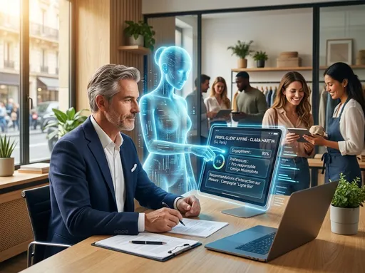 Dirigeant de PME consultant un tableau de bord d'hyper-personnalisation IA avec ses données client.