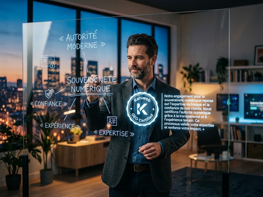 Consultant travaillant sur la stratégie d'autorité et de référencement naturel d'une PME sur un tableau en verre