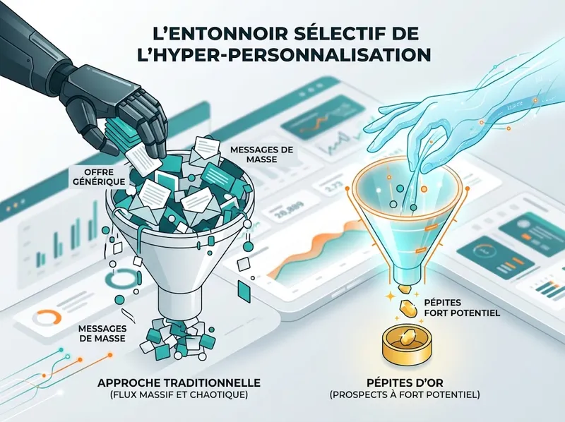Illustration d'un entonnoir sélectif triant les prospects grâce à l'IA générative pour une PME.