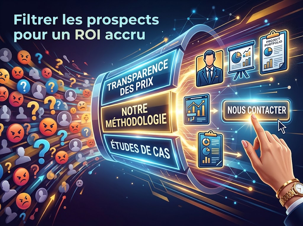 Infographie montrant un entonnoir de filtrage de prospects grâce aux articles d'un blog professionnel