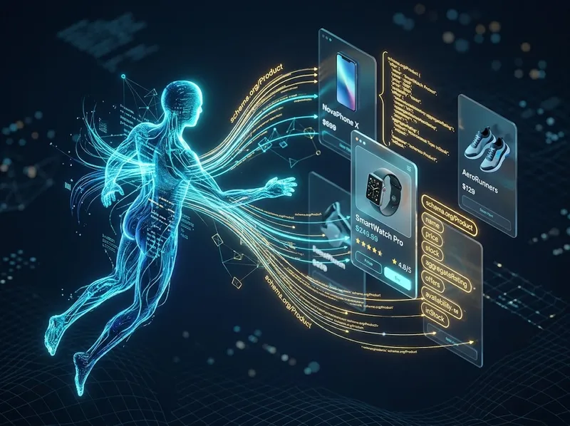 Illustration 3D d’un agent IA lumineux interagissant avec un catalogue e-commerce et des données structurées Schema.org - Commerce agentique