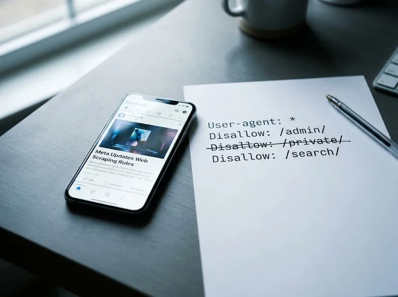 Un téléphone affiche un post Facebook avec image, titre et description, à côté d’un robots.txt où une seule ligne est barrée.