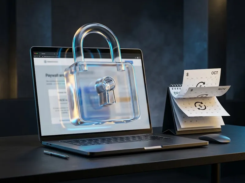 Un ordinateur portable affichant un site web verrouillé par un grand cadenas translucide sur un bureau moderne.