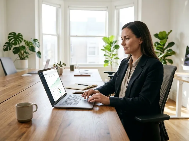 Un entrepreneur serein travaillant sur son ordinateur portable dans un bureau lumineux avec des courbes de trafic en hausse.