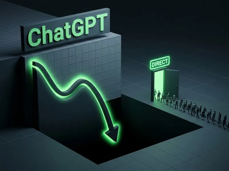 Un graphique ChatGPT plonge, pendant que les mêmes visiteurs entrent par une porte marquée Direct.
