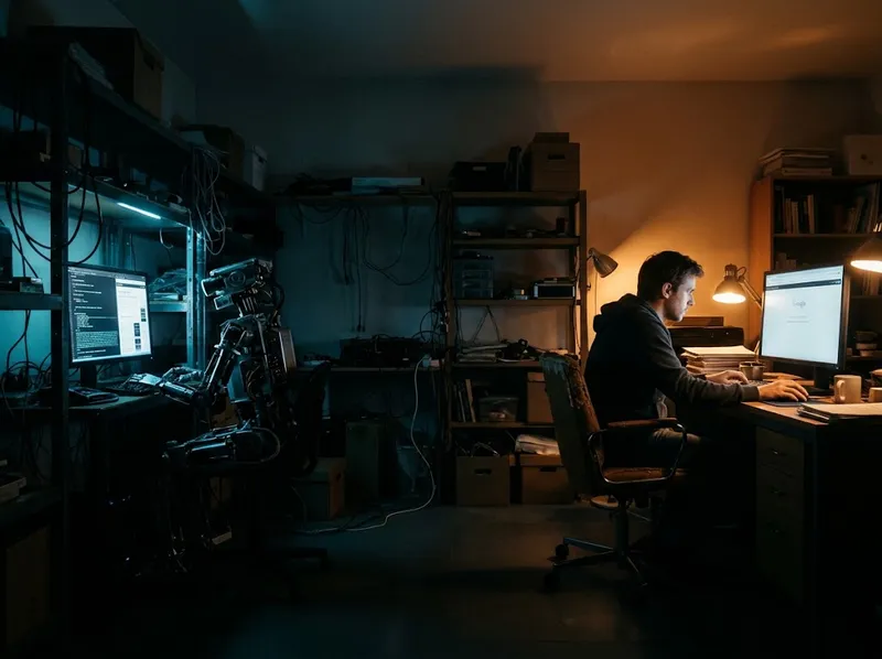 Un robot lit une page dans l’ombre, tandis qu’une personne clique plus tard dans un navigateur ordinaire.