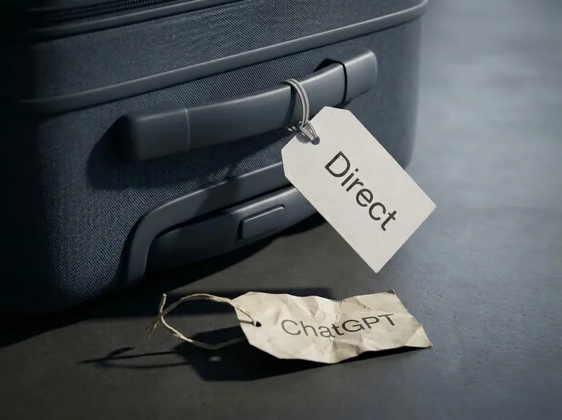 Une valise arrive intacte, son étiquette ChatGPT est au sol et une étiquette Direct a été collée à la place.