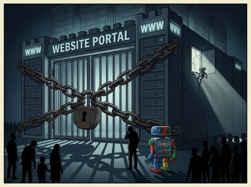 Une porte de site web est cadenassée, Google et les visiteurs restent dehors, et un petit robot entre par une fenêtre.