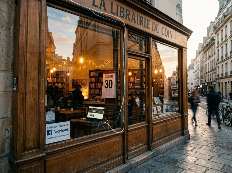 La vitrine d’une petite entreprise affiche sa Page Facebook, reliée à son site web, avec un calendrier ouvert au 30 octobre.